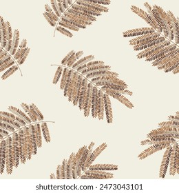 Seamless exotic pattern with palm leaves in linear style. orange brown palm leaves with cream background wallpaper. Design for home decor, fabric, carpet, wrapping,Textile Printed design.