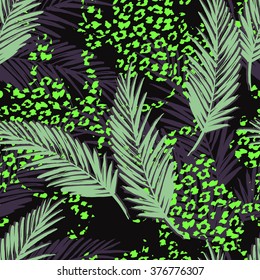 Seamless exotic pattern with palm leaves and animal pattern . Vector hand draw illustration.