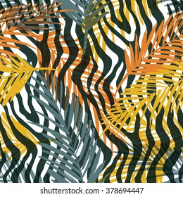 Seamless exotic pattern with palm leaves and animal pattern . Vector hand draw illustration.