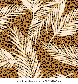 Seamless exotic pattern with palm leaves and animal pattern . Vector hand draw illustration.