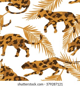 Seamless exotic pattern with palm leaves and  silhouettes of animals. Vector hand draw illustration.