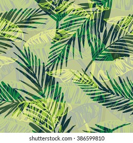 Seamless exotic pattern with palm leaves . Vector hand draw illustration.