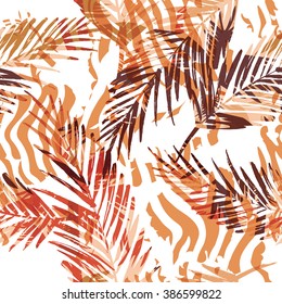 Seamless exotic pattern with palm leaves and animal pattern . Vector hand draw illustration.