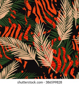 Seamless exotic pattern with palm leaves and animal pattern . Vector hand draw illustration.