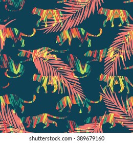 Seamless exotic pattern with palm leaves and silhouettes of animals. Vector hand draw illustration.