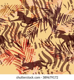 Seamless exotic pattern with palm leaves and silhouettes of animals. Vector hand draw illustration.