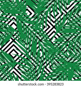 Seamless exotic pattern with palm leaves on geometric background . Vector hand draw illustration.