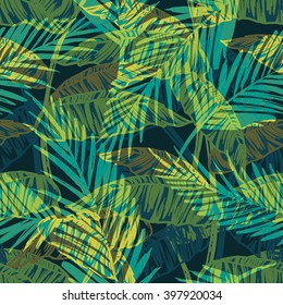 Seamless exotic pattern with palm leaves . Vector hand draw illustration.