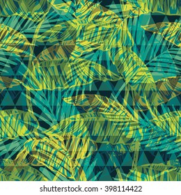 Seamless exotic pattern with palm leaves on geometric background . Vector hand draw illustration.