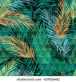 Seamless exotic pattern with palm leaves on geometric background . Vector hand draw illustration