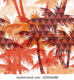 Seamless exotic pattern with palm leaves on geometric background . Vector hand draw illustration
