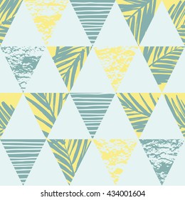 Seamless exotic pattern with palm leaves on geometric background . Vector  illustration.