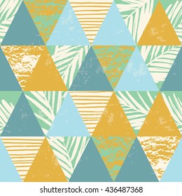 Seamless exotic pattern with palm leaves on geometric background . Vector illustration.