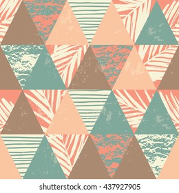 Seamless exotic pattern with palm leaves on geometric background. Vector illustration