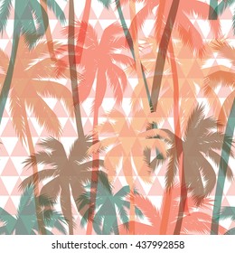 Seamless exotic pattern with palm leaves on geometric background. Vector hand draw illustration