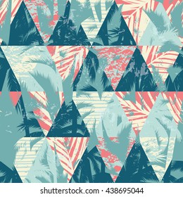 Seamless exotic pattern with palm leaves on geometric background. Vector illustration