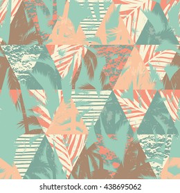 Seamless exotic pattern with palm leaves on geometric background. Vector illustration