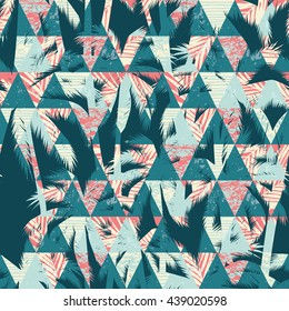 Seamless exotic pattern with palm leaves on geometric background. Vector illustration