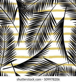 Seamless exotic pattern with palm leaves and strips background . Vector hand draw illustration