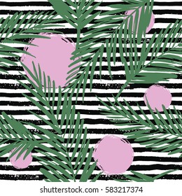 Seamless exotic pattern with palm leaves, circles and strips background . Vector hand draw illustration
