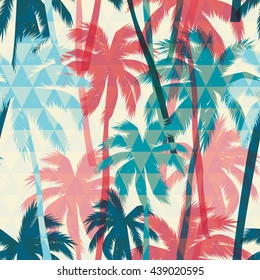 Seamless exotic pattern with palm on geometric background. Vector hand draw illustration
