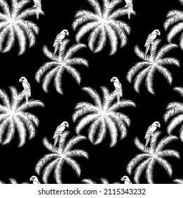 Seamless exotic pattern. Parrot on leaves palm.