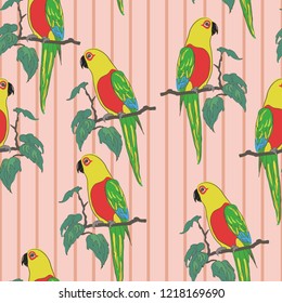 Seamless exotic pattern with parrots on branches. Vector illustration. Bright striped background with birds.Flora and fauna.Template for Wallpaper, postcard, paper, fabric, web page.