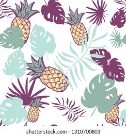 Seamless exotic pattern with pineapple palm leaves on white background. Tropical monstera leaves illustration. Fashion design. print fabric textile, wallpaper, wrapping paper. hand drawing