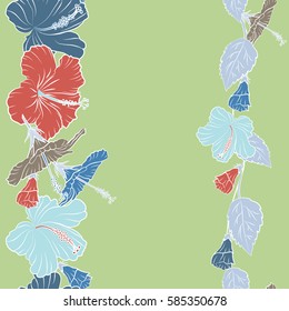 Seamless exotic pattern with pink and blue tropical flowers. Blooming jungle, hibiscus seamless pattern. Motley vector illustration with copy space (place for your text).