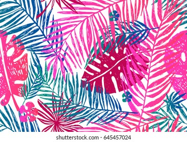 Diseño exótico sin inconvenientes con hojas de palma azul rosa sobre fondo blanco. Ilustración vectorial.