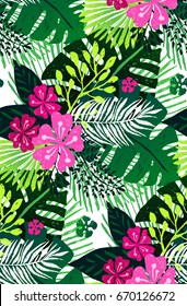 Seamless exotic pattern with pink green palm leaves on white background. Vector illustration.