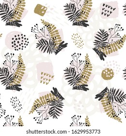 Seamless exotic pattern with plant elements. Vector hand draw leaves  background  for paper, cover, fabric, interior decor.