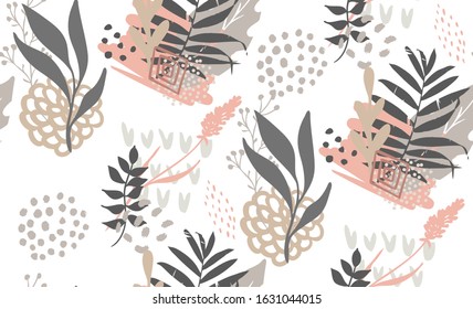 Seamless exotic pattern with plant elements. Vector hand draw leaves  background  for paper, cover, fabric, interior decor.