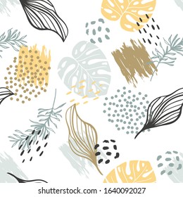 Seamless exotic pattern with plants. Vector tropical hand draw leaves  background  for paper, cover, fabric, interior decor.