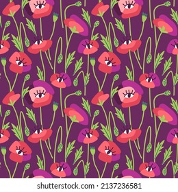 Seamless exotic pattern with poppies and eyes inside the flower