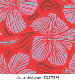 Seamless exotic pattern with red, pink and blue tropical flowers. Blooming jungle, hibiscus seamless pattern. Motley vector illustration.