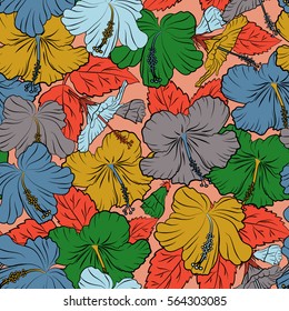 Seamless exotic pattern with red and yellow tropical flowers. Blooming jungle, hibiscus seamless pattern. Motley vector illustration.