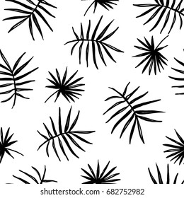 Seamless exotic pattern with silhouette of tropical palm leaves. Vector hand drawn background. Black and white.