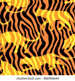 Seamless exotic pattern with silhouettes of animals. Vector hand draw illustration.
