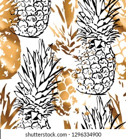 Seamless exotic pattern. Stamp of a Tropical Gold and black contour Pineapple on a white background. Textile composition, hand drawn style print. Vector illustration.
