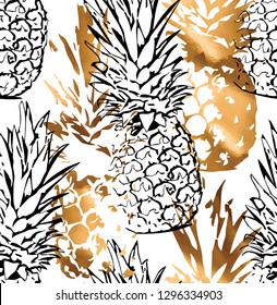 Seamless exotic pattern. Stamp of a Tropical Gold and black contour Pineapple on a white background. Textile composition, hand drawn style print. Vector illustration.