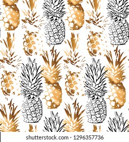 Seamless exotic pattern. Stamp of a Tropical Gold and black contour Pineapple on a white background. Textile composition, hand drawn style print. Vector illustration.