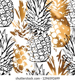 Seamless exotic pattern. Stamp of a Tropical Gold and black contour Pineapple on a white background. Textile composition, hand drawn style print. Vector illustration.