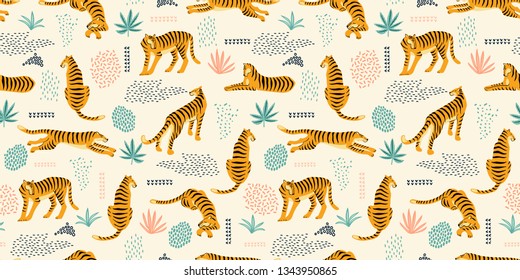 Seamless exotic pattern with tigers and abstract elements. Vector hand draw design.