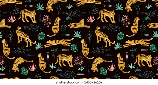 Seamless exotic pattern with tigers and abstract elements. Vector hand draw design.