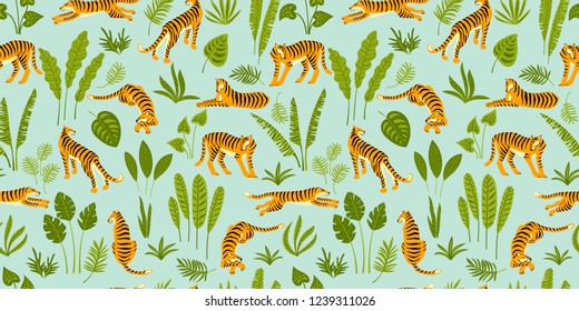 Seamless exotic pattern with tigers in the jungle. Vector hand draw design.