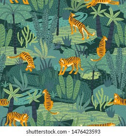 Seamless exotic pattern with tigers in the jungle. Vector hand draw design.