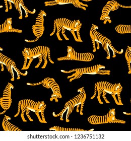 Seamless exotic pattern with tigers. Vector hand draw design.