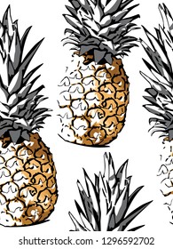 Seamless exotic pattern. Tropical Gold Pineapple on a white background. Textile composition, hand drawn style print. Vector illustration.
