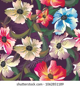 Diseño exótico sin inconvenientes con hojas y flores tropicales. La selva floreciente. Ilustración vectorial. 